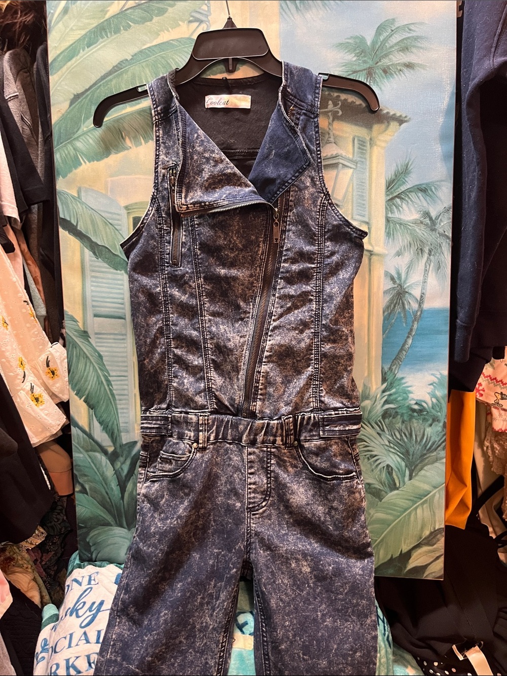 Cool Cat denim sleeveless jumpsuit